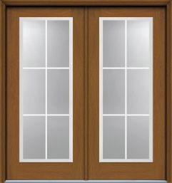 80" Low-E Full Lite, 6 Lite GBG Colonial Woodgrain Fiberglass Double Door, HVHZ Imapct