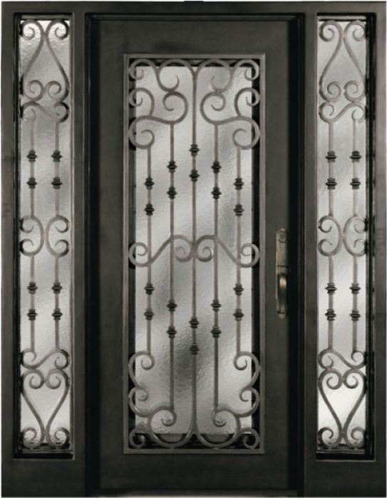 Forged Iron Full Lite Single Entry Door, Sidelites, WH Grille