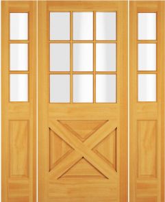 Wood 1/2 Lite 9 Lite Rustic Crossbuk Exterior Single Door & 2 sidelite