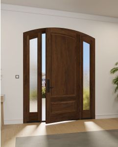 Mahogany Montana Arch Top Colonial 2 Panel Solid Single Door, Sidelites|P75101-ART-OG_G101-ARTP-SL_1-2