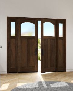 Mahogany Craftsman Arch Lite, Top View 2 Panel Shaker Double Door, Sidelites|CRF-SH-AR-FP