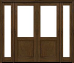 Mahogany 1/2 Lite 1 Panel Modern Farmhouse Shaker Double Door, Sidelites|G5001-SH