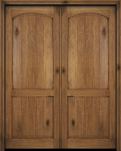 Mahogany Arch Panel, 2 Panel V-Grooved Rustic Solid Double Door|P201-V-AR-OG-RST