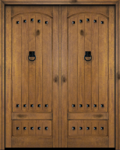 Mahogany Arch Panel, 2 Panel V-Grooved Rustic Solid Double Door|P7501-V-AR-OG