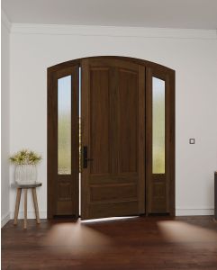 Mahogany Montana Arch Top Colonial 3 Panel Solid Single Door, Sidelites|P75201-ART-OG_G75101-ARTP-SL_1-2