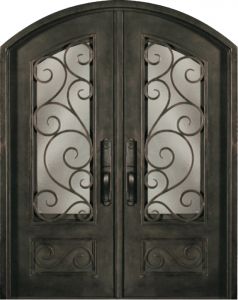 Forged Iron Arch Top 3/4 Lite Double Entry Door, SH Grille