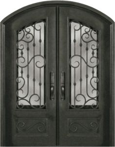 Forged Iron Arch Top 3/4 Lite Double Entry Door, WH Grille