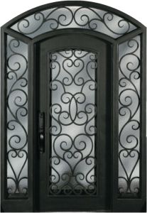 Forged Iron Arch Top Full Lite Single Entry Door, Surround Transom, SH Grille