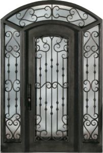 Forged Iron Arch Top Full Lite Single Entry Door, Surround Transom, WH Grille